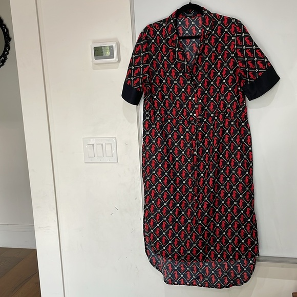 Scotch & Soda Midi Dress Short Sleeves Seahorses Navy Blue Red Waist Tie Size L - Picture 3 of 14